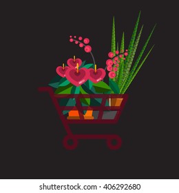 set of flowers in pot isolated for greenhouse or garden planting market vector illustration, houseplant with leaves like decoration element room at home collection, potted trees banner floristics shop