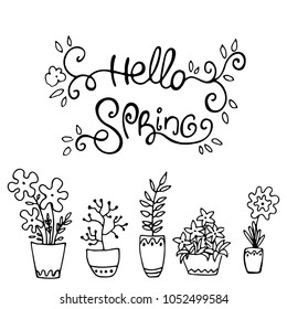 Set of flowers in a pot and lettering Hello Spring on a white background. Doodle. Vector illustration. Perfect for coloring book, greeting card, print, invitation.