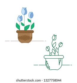 A set of flowers in a pot in linear and full color styles. Flat style. Vector illustration
