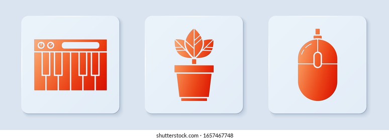 Set Flowers in pot, Music synthesizer and Computer mouse. White square button. Vector