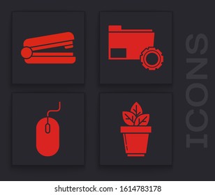 Set Flowers in pot, Office stapler, Folder settings with gears and Computer mouse icon. Vector
