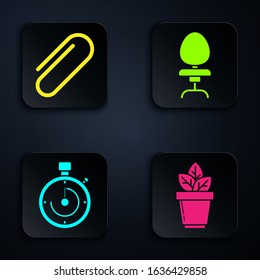 Set Flowers in pot, Paper clip, Briefcase and Office chair. Black square button. Vector