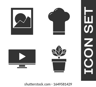 Set Flowers in pot, Photo frames, Online play video and Chef hat icon. Vector