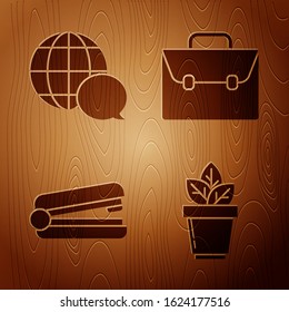Set Flowers in pot, World map made from speech bubble, Office stapler and Briefcase on wooden background. Vector