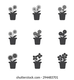 Set of Flowers in Pots Icon on White Background. Different Styles,  Vector Illustration.