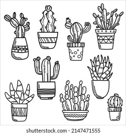 Set of flowers in pots, outline. Cactus, succulent.