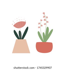 Set of flowers in pots. Snowdrop. Spring flowers. Botanical illustration. Template for invitation, greeting card. Scandinavian, nordic style. Flat cartoon. Vector stock illustration