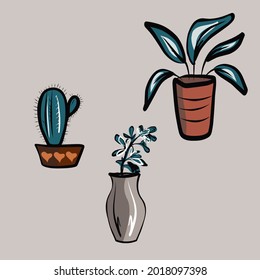 Un ensemble de fleurs dans des pots et des vases. Plantes, cactus, feuilles. Intérieur des chambres, mobilier. Tous les objets sont isolés et peuvent être déplacés.