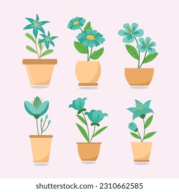 Set of flowers in pots vector illustration objects decoration elements house collection with sunflowers, tulips, jasmine and purple flowers