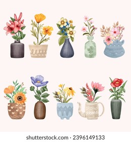 Set of flowers, potted, watercolor, isolated, flower, nature,  flora, beautiful, garden, watercolor, collection, illustration, 