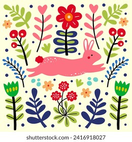 Set of flowers and rabbit in folk art, vector flat illustration, isolated elements.