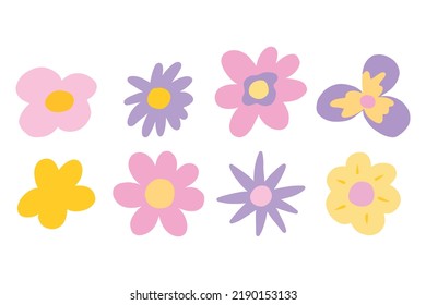 Set of flowers in retro style. Groovy flowers. Collection of flowers in the style of the 60s and 70s. Vector illustration.