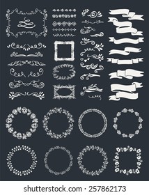 Set of flowers, ribbons, frames, icons and decorative elements.