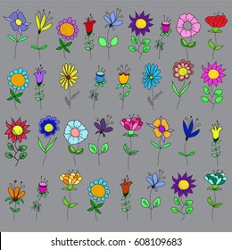 Set of  flowers in a  romantic  naive style. with leaves, spring summer time,nature in bloom,colorful floral background allover print, Freehand drawing vector illustration with doodles.children draw.
