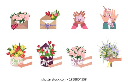 Un conjunto de flores en una caja redonda, sobre y en las manos. Entrega de ramos para las vacaciones. peonías rosadas delgadas, tulipanes brillantes y margaritas. Rama de sakura y orquídea. Ilustración del vector