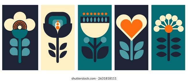 Conjunto de flores escandinavo desenhado moderno criado a partir de figuras simples no estilo folclore