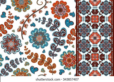 Set of flowers seamless pattern and border backgrounds. Vector illustration