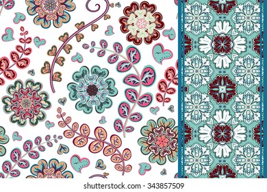 Set of flowers seamless pattern and border backgrounds. Vector illustration