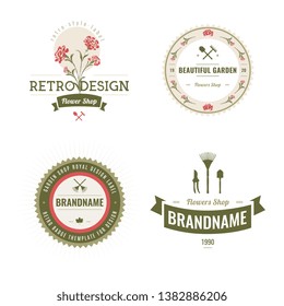 Set of flowers shop labels and design elements. Vintage collection of different gardeners elements. Gardeners and flowers objects. Vector elements for design. Eco design. Flower shop elements.