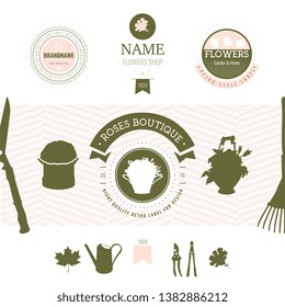Set of flowers shop labels and design elements. Vintage collection of different gardeners elements. Gardeners and flowers objects. Vector elements for design. Eco design. Flower shop elements.
