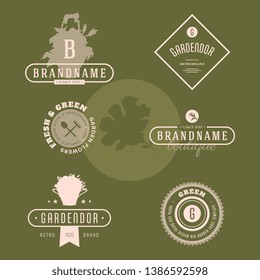Set of flowers shop labels and design elements. Vintage collection of different gardeners elements. Gardeners and flowers objects. Vector elements for design. Eco design. Flower shop elements.