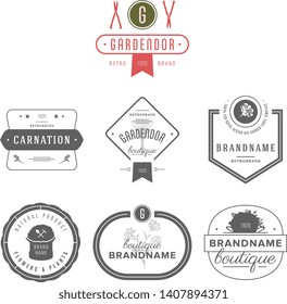 Set of flowers shop labels and design elements. Vintage collection of different gardeners elements. Gardeners and flowers objects. Vector elements for design. Eco design. Flower shop elements.