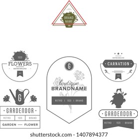 Set of flowers shop labels and design elements. Vintage collection of different gardeners elements. Gardeners and flowers objects. Vector elements for design. Eco design. Flower shop elements.