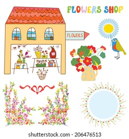 Set for flowers shop - vase, bunches, frames, bows - cute design vector