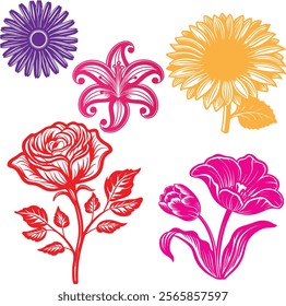 set of flowers silhouette, flat vector, illustration, isolated on white background
