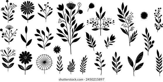  set of flowers silhouettes. Hand drawn floral elements. Vector set botanical illustration. Hand drawn line leaves branches and blooming. Wedding elegant wildflowers for invitation save the date card.