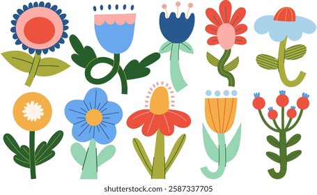 Set of flowers. Simple abstract flowers. Modern geometric flower. Style for banners, wallpaper, posters, websites, online shopping.