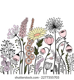 A set of flowers for the sketch. Black sketch of different plants and leaves. Flat Vector Illustration. Glade of sketchy rural flowers