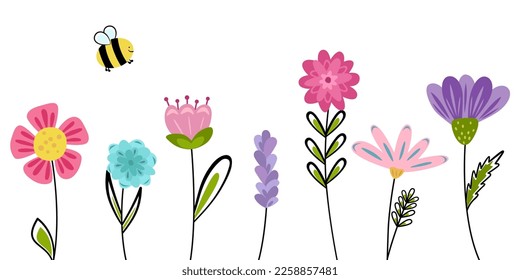 Set flowers with smile bee. Cute spring garden and nature elements for girls, isolated on white for greeting cards, Easter, Mothers Day