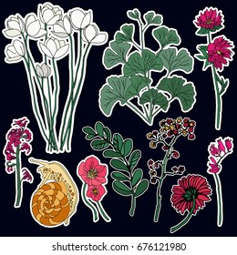 Set of flowers and snail patches elements. Set of stickers, pins, patches and handwritten notes collection in cartoon 80s-90s comic style.Vector stikers kit