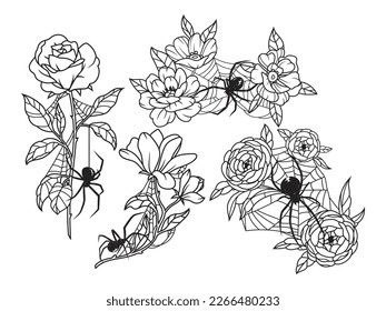 Set of flowers with spiders. Collection of flowers with poisonous insects hanging from a cobweb. Halloween. Witch insects. Vector illustration isolated on white background. Tattoo.