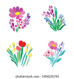 Flores, ramos de primavera en un fondo blanco. Flores silvestres. Diseño sencillo con ramas hojas brotes y pétalos