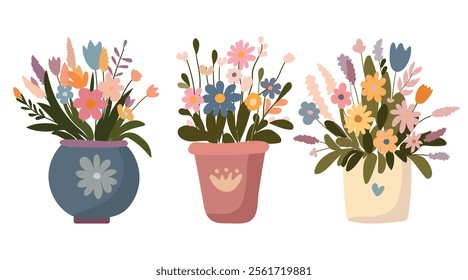 Set of flowers Spring, flower in a pot, watering can, envelope with flowers, summer, flowers, Gardener, Vector, For design, Isolated on white background