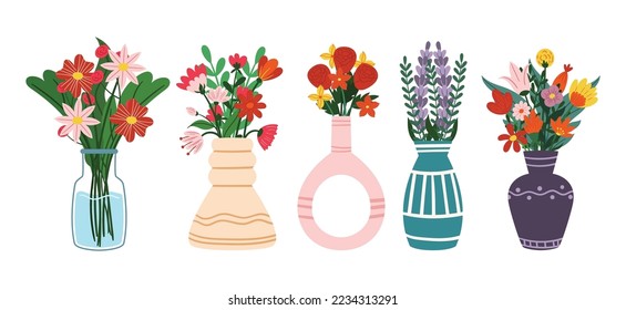 Set of Flowers Stand in Vases Isolated Icons on White Background. Beautiful Spring and Summer Blossoms in Modern Crockery Vases or Glass Jar with Water. Cartoon Vector Illustration