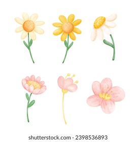 Set of flowers with stem watercolor hand drawing illustration vector