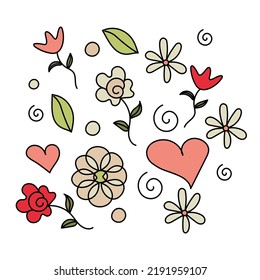 Set of flowers in style of doodle colored on white background. Vector isolated objects for use in clipart or web design