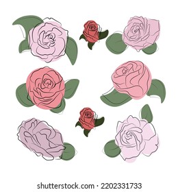 A set of flowers in the style of line art with color spots. vector illustration. Pink and beige roses with green leaves.