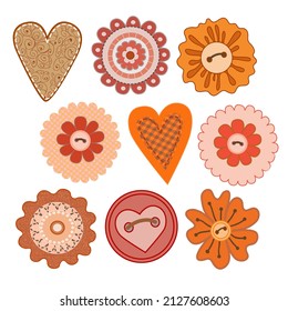 Set of flowers textile stickers. Cottons cute flowers for scrapbooking. Vector illustration isolated on white background