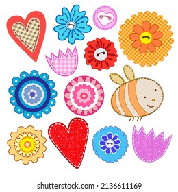 Set of flowers textile stickers. Cottons cute flowers for scrapbooking. Vector illustration isolated on white background