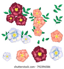 Set with flowers that look like they are made from silk. There are 3 colors of the flowers. Flowers look like roses or rosehips