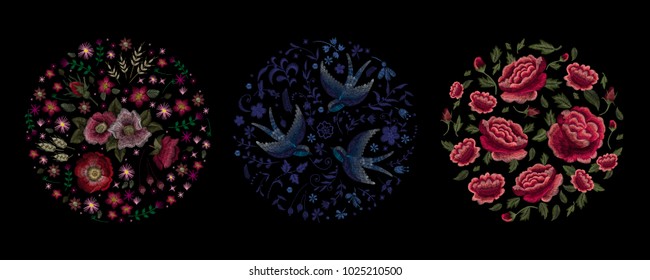 set of flowers. Traditional folk fashion embroidery on the black background. Pansies, roses, dog rose, cactus, plant. vector. Sketch for print on clothes