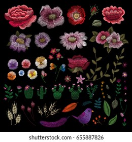 set of flowers. Traditional folk fashion embroidery on the black background. Pansies, roses, dog rose, cactus, plant. vector. Sketch for print on clothes