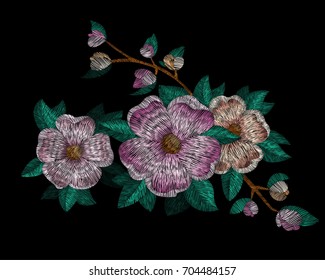 set of flowers. Traditional folk stylish stylish floral embroidery on the black background. Sketch for printing on fabric, clothing, bag, accessories and design. Vector, trend