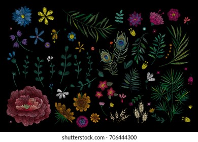set of flowers. Traditional folk stylish stylish floral embroidery on the black background. Sketch for printing on fabric, clothing, bag, accessories and design. Vector, trend
