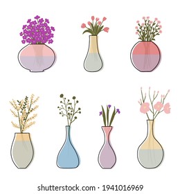 A set of flowers in a transparent vase with water. Vector illustration. Isolated elements on a white background. Doodle, flat, hand-drawn. Registration for florists. Spring and summer cute bouquets.