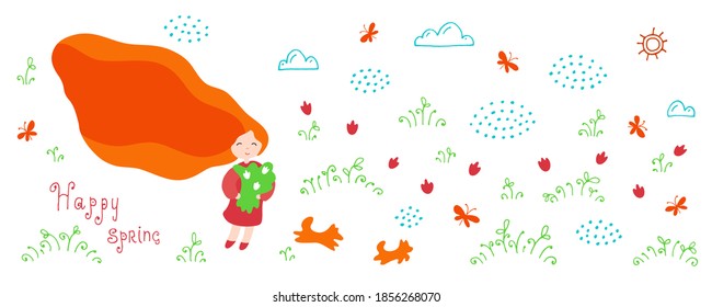 Set - flowers, trees, clouds, the sun and a funny girl. The time of year is spring. Eps10 vector illustration.